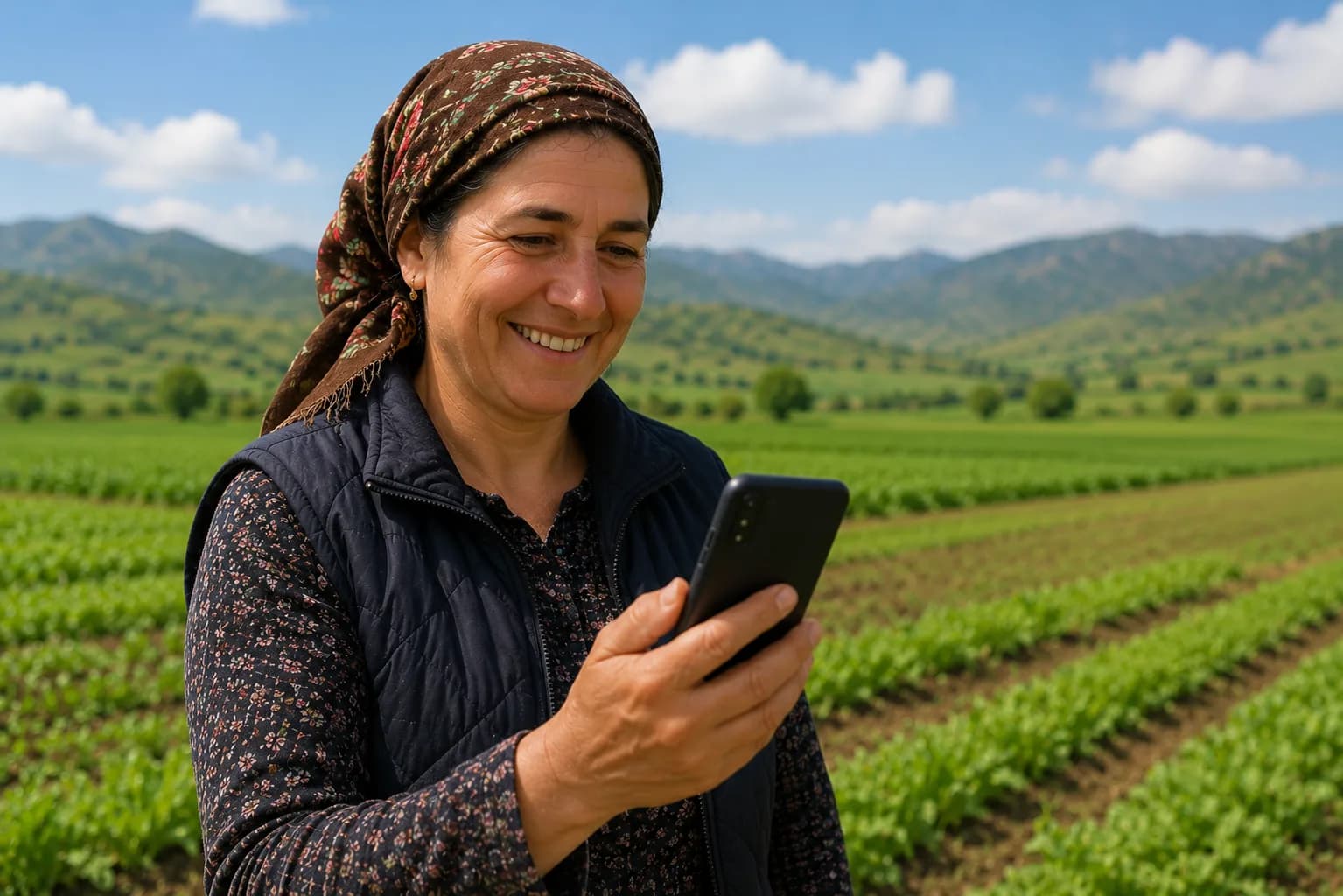 Fermer sahədə telefonunda Fermachi tətbiqinə baxır