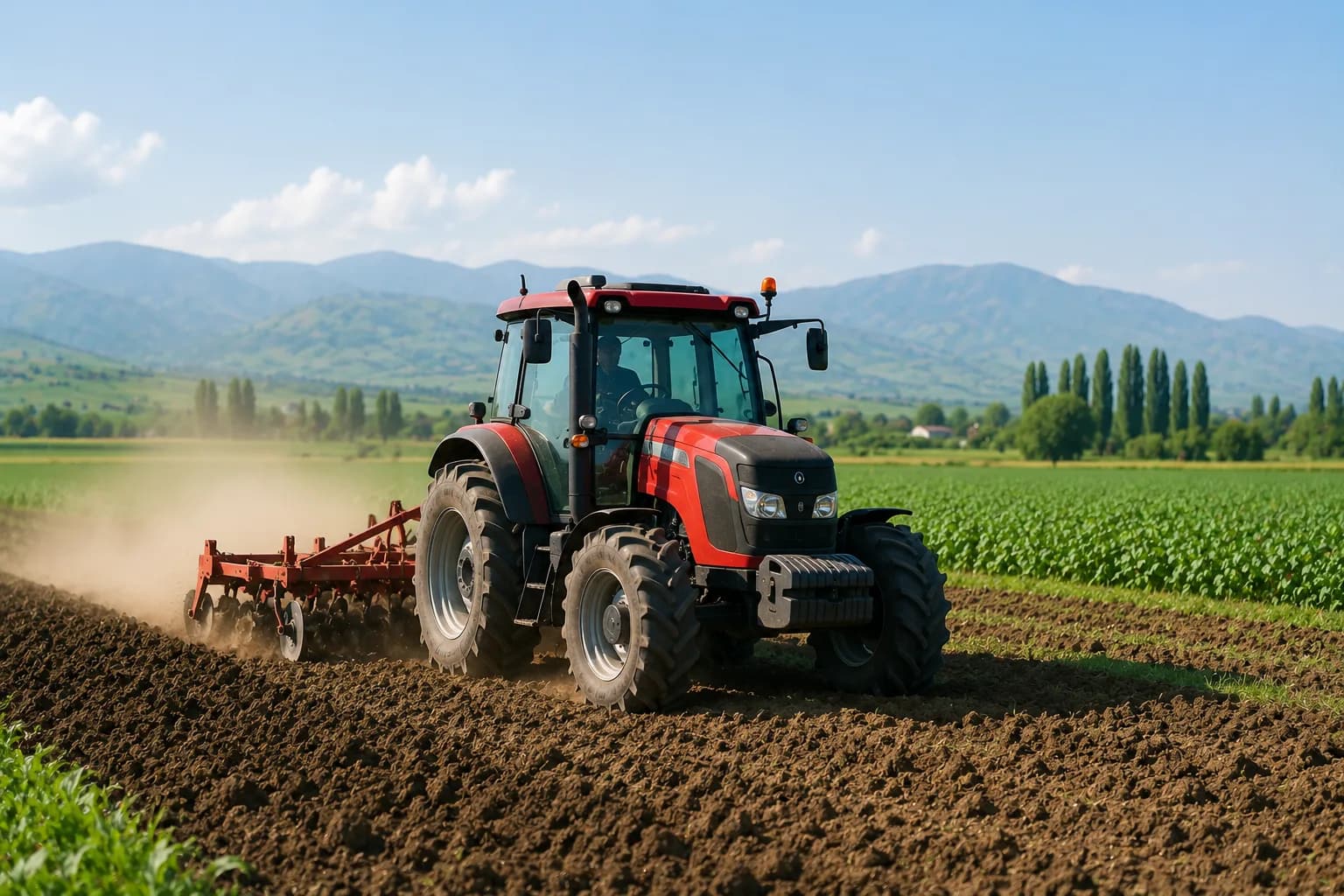 Sahədə işləyən traktor